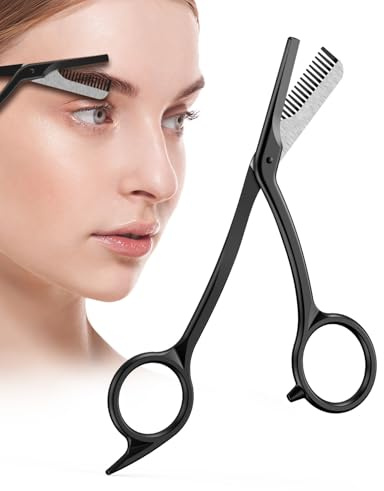 BALUCA Eyebrow Scissors with Comb | Professional Stainless Steel Eyebrow Trimmer for Women & Men | Dual-Design Precision Eye Brow Trimmer Scissors for Effortless Grooming, Silver (Black)