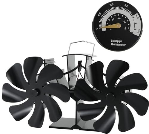 Tomersun Ventilateur de poêle à bûches avec double moteur, 16 pales avec thermomètre, fonctionnement silencieux, ventilateur alimenté par la chaleur pour ou poêle à bois/poêle à bûches/cheminée