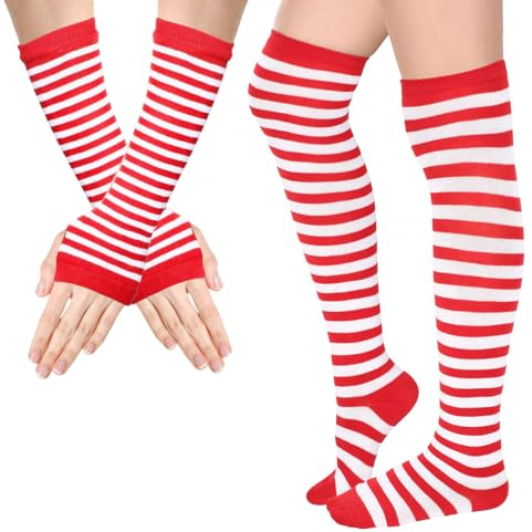 Conjunto de Calcetines y Guantes a Rayas Hasta La Rodilla, Halloween Calcetines a Rayas Negras, Guantes Largos Sin Dedos, Accesorios de Disfraz para Mujeres y Niñas Carnaval Halloween Cosplay (C)