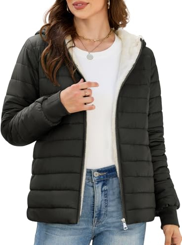 CMTOP Manteau Femme Hiver Polaire Chaud Courte Veste Matelassée, Légère Élégante Doudoune Résistant à l'eau Parka Rembourrée Manteaux en Peluche Blouson avec Capuche et Poches(Noir,L)