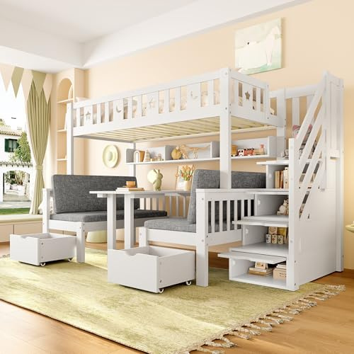 Idemon Cama alta multifuncional para niños de 90 x 200 cm con escritorio, cama alta 2 en 1 con escalera de almacenamiento, valla decorativa de estrellas y luna y cojín gris, blanco, madera maciza y