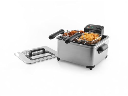 Freidora de aceite profunda Progress 5L - 2 x 2,5L, Cesta extraíble antiadherente y tapa, 150-190°C, Ventana de visualización, Control de temperatura ajustable, Mango de tacto frío, 2000W