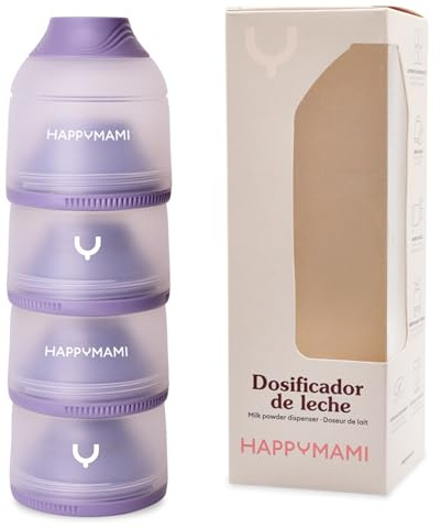 Happymami, Dosificador de Leche en Polvo o Cereales, 4 Compartimentos Portátiles de 360ml cada uno, Fácil de Llevar, Apertura Sencilla, Superficie Interior Antiadherente