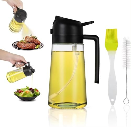 16 oz Glass Oil Sprayer for Cooking, Refillable Oil Bottle for Kitchen with Silicone Brush and Cleaning Brush, Leak Proof Fine Mist Dispenser, Black