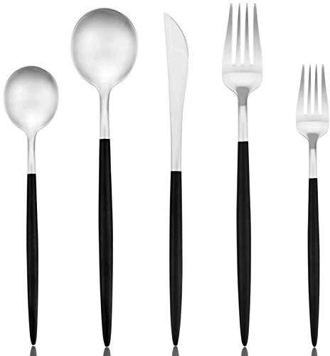 AOOSY Set di Posate in Acciaio Inox per Coltello Forchette Servizio per Quattro Persone Argento Nero 18/10 (4 Set)