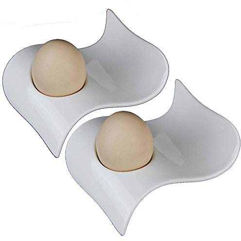 TAMUME Style de Vague Porcelaine Blanche Set de Tasse à Oeufs de 2 Porte-Oeufs, 2 Pièces Ensemble de Petit-Déjeuner en Céramique