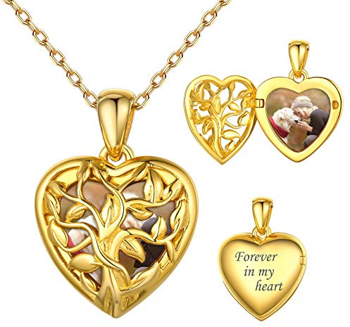 SILVERCUTE 925 Silber Herzkette Anhänger zum Öffnen 18k vergoldet Fotokette Lebensbaum Medaillon für Photo Bild Amulett personalisiert Valentinstag Weihnachten Schmuck für Mutter
