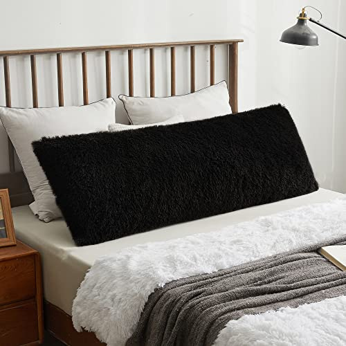 XeGe Federa per cuscino in morbida peluche, 21 x 54 cm, per cuscino decorativo lungo e soffice, in finta pelliccia bohémien, per camera da letto, divano, divano, tinta unita, colore nero