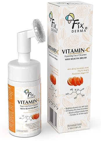 Fixderma 2% Vitamin C Foaming Face Cleanser with Brush, Face wash for Women & Men, Foaming Cleanser for skin tone, Reduces fine lines & wrinkles, Exfoliates the skin - 3.38 FL. OZ