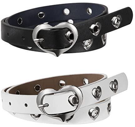 Berkelen Cinture per Ragazze 2 Pezzi Bambini Cintura in Pelle PU con Fibbia a Cuore Carino per Ragazza Vestito Pantaloni Jeans Nero + Bianco