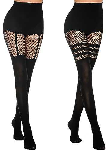 MANZI Womens Faux Thigh High Fishnet Stockings Stitching Opaque Pantyhose Mock Over the Knee Goth Tights Striped Suspender Nylons(1 Suspender+1 Striped)