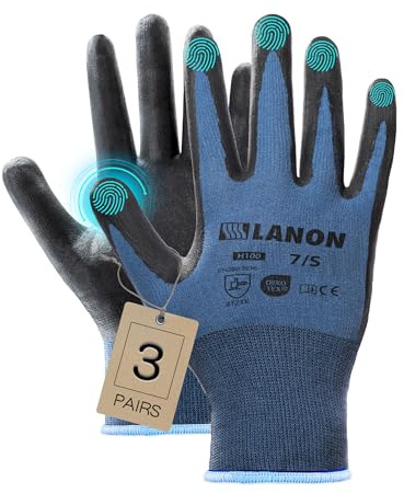 LANON 3 Pares Nitrilo Guantes de Trabajo para Hombre, Antideslizante, Respirable, Guantes de Protéccion, Mecanico, Almacen, Automotor, Talla S/7