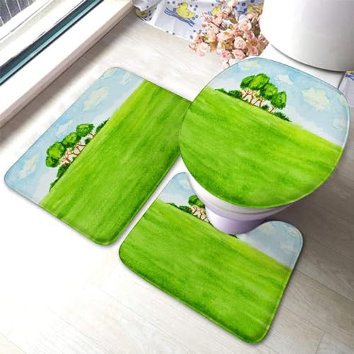 Alfombra De Baño De 3 Piezas Arreglo Paisajístico Estilo Acuarela con Árboles Dibujados A Mano Vista Pastoral Europea Alfombras De Cama Durable Juego De Alfombrillas De Baño, para Baño