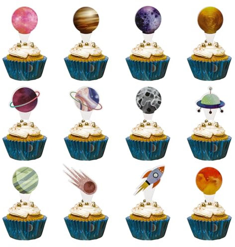Abeillo Cupcake Deko 24 Stück, Cupcake Topper Weltraum Rakete Galaxie Universum Planeten Thema, Kuchendekoration Raum Raketen Sterne, Kinder Geburtstag Party Torte Deko Supplies,Kuchendeko