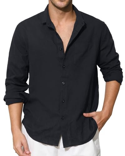 Enlision Camisas Lino Negra Hombre Manga Larga Verano Camisa para Hombres de Algodon Cuello Mao Casual Henley Shirts Elegantes Playa Vacaciones L