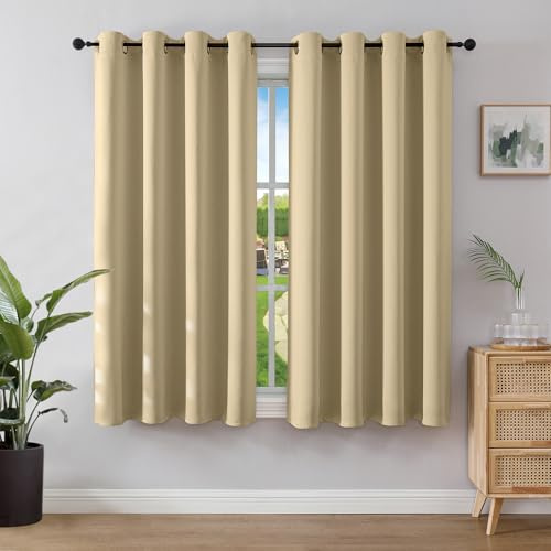 Joydeco Blackout Curtains for Bedroom 66 x 54 Inch, Eyelet Thermal Insulated Energy-saving Drapes for Room Darkening Light Filtering, Short Window Treatments 54 Inch Drop, 2 Panels - Beige