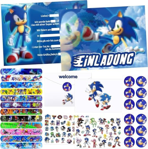 KALAGYA 50 Stück Geburtstag Party Set,12 Deutsch Einladungskarten mit 12 Umhüllen,12 Schnapparmband,2 Tattoo Kinder,Kindergeburtstag Deko Mitgebsel Jungen Mädchen