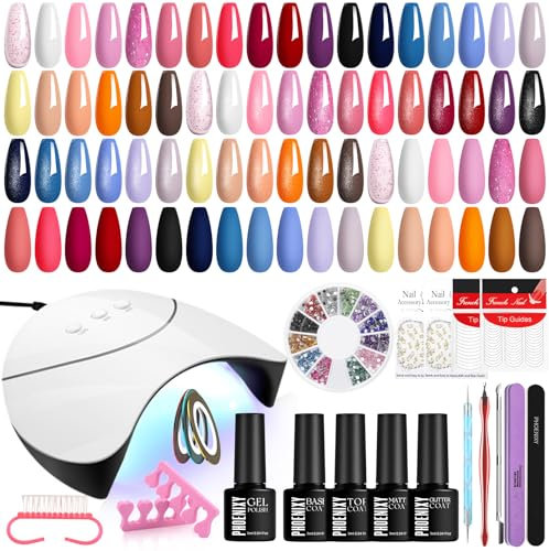 Phoenixy Kit de Uñas Semipermanentes con Lampara Uñas Semipermanentes, 24Pcs 72 Efectos Kit Uñas Semipermanentes con Brillo Mate Glitter Top Coat, Kit Manicura Semipermanente para Mujeres DIY en Casa