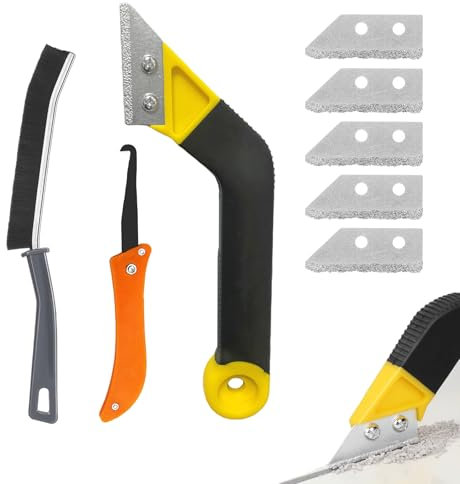 Pro Grout Removal Tool, Grout Rake Removal Tool Tile Grout with 5 Pieces Extra Replacement Accessories and 1 Hand Saw Angled Grout Rake, 1 pcs Brush for Tile Grout Remover