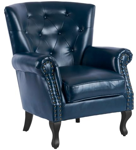 MOJAY PU Leather Accent Chair, Mid-Century Modern Armchair Living Room Club Chair with Tufted Button & Rivet Trim, Upholstered Sofa Chair with Sturdy Wood Legs for Bedroom (Navy)