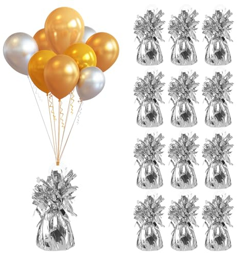 SHUESS 12 Stück Helium Ballongewichte Kegel, 170g/Stk Silberfolie Gewichte aus Massivem Ballon Metallischer Quastenkegel für Geburtstag Tischdekoration Gastgeschenke Hochzeiten Dekoration