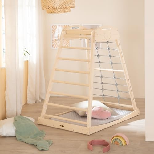 roba Indoor Spielturm aus Holz - Montessori Klettergerüst mit Sprossen, Kletterseil & Turnringen - Geeignet ab 24 Monaten - Mit Massivholzschaukel - Belastbar bis 70 kg - Natur/Grau