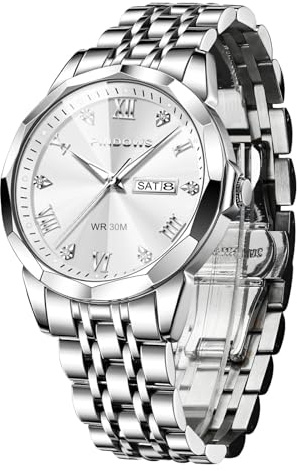 PINDOWS Watch for Men Luxury Diamond Business Dress Analog Quartz Waterproof Wrist Watch Luminous Date Two-Tone Stainless Steel Band Classic Business Casual Style