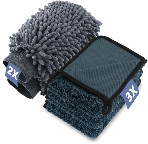 Foydream 5 pièce Kit Nettoyage Voiture, 3 pièce Chiffon Microfibre et 2 Pack Gant de Lavage Microfibre, 600 GSM Microfibre Sechage Voiture pour sans Rayures et Poli, Ultra Absorbant (40 x 30 cm)