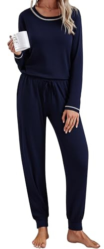 Aseniza Pyjama Femme Hiver Coton Doux Pyjama Chaud Confortable Pantalon Femme Bleu Foncé XL