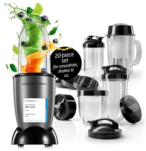 GOURMETmaxx Mr. Magic Power Pro Mixer 400 watt | Frullatore per smoothie con coperchio da asporto | Frullatore da tavolo con caraffa e coperchio | Con kit accessori XL per frappè, smoothie, ecc.