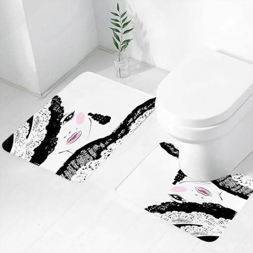 FEHWI Luxury 2 Piece Bath Mat Set Non Slip Ultra Soft Bathroom Mats Water Absorbent Bath Mats Machine Washable Rug Toilet Mat, black and white fashion characters, fashion magazines a