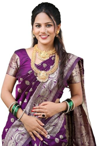 Sugathari Kanchipuram - Sari da donna in seta da donna, stile tradizionale per matrimoni e feste, con camicetta, sari etnico indiano in seta per spose e feste (KS-156), Viola, Etichettalia unica
