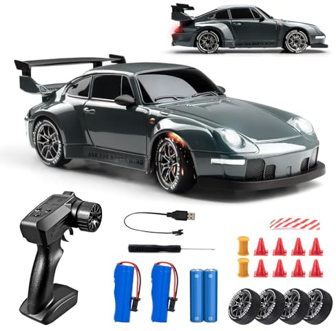 RC Drift Car, 1:24 Scale Remote Control Vehicle with LED Lights, 2.4GHz 20KM/H 4WD High Speed RC Cars, Drifting Tires＆Two Batteries, Racing Sports Toy Idea (Gray)