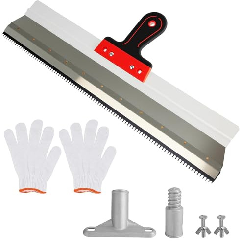SKJJM Rasqueta Dentada Iinoxidable 560mm, Dentado Trapezoidal Rastrillo, Espátula Dentada con Mango, Guante y Adaptador, Espátula Dentada para Autonivelante, Yeseros Y Pintores, el Sitio Construcción