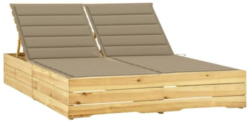 Bain de Soleil Double, 2 Places en Pin Imprégné avec Coussin, Dossier Réglable, Transat Jardin Exterieur, Relax Jardins Exterieur, pour Terrasse, Jardins, Balcon, Couleur Beige, 198 x 135 x 30-75 cm