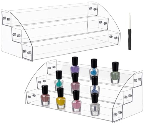 NBEADS 2 Pcs 3 Tier Nail Polish Organiser, Clear Acrylic Nail Polish Rack with 2Pcs Mini Steel Screwdriver Cosmetic Display Riser Stand for Nail Polish, Perfume, Jewellery, 31x11x13.3cm