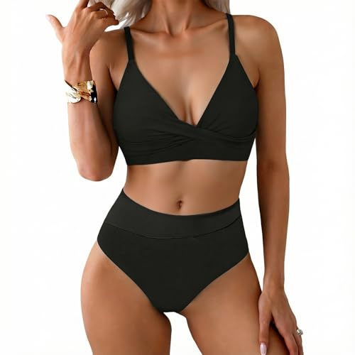 SNUOEN Tvådelad baddräkt för kvinnor, V-ringad korsad bikini, badmode, magkontroll, bikiniset