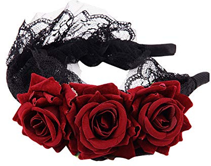 Gothic Rose Headband Black Lace Flower Crown Day of The Dead Headband Halloween Costume Headdress Cosplay Headpiece Accessories Bride Rose Hair Hoop for Gothic Wedding Festival Photoshoot
