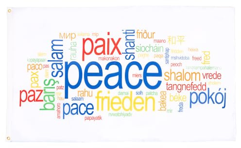 AZ FLAG - Bandera Paz Paix Pace Peace Frieden - 150x90 cm - Bandera Paz En Todos Los Idiomas 100% Poliéster Con Ojales de Metal integrados - 110g - Colores Vivos Y Resistente A La Decoloración
