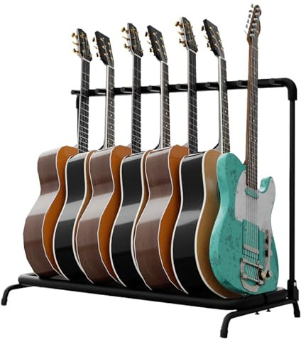 Flexzion 7 Guitar Stand Rack - Metal Construction Multi Guitar Rack & Guitar Organizer, Foldable 7 Guitar Holder Stand with Padded Foam Tubing for Electric, Acoustic, Classical Guitars & Basses