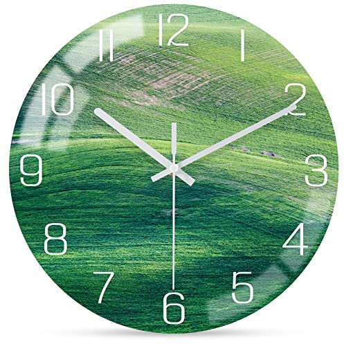 WONZOM Modern Grün Wanduhr, Groß Lautlos Geräuschlos Glas Uhr, Aesthetic Gras Wanddeko für Wohnzimmer/Küche/Badezimmer/Schlafzimmer/Büro, 30cm