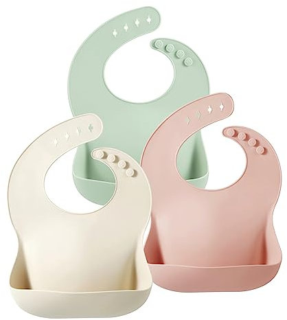 PandaEar Conjunto de 3 Baberos de Silicona para Bebés y Niños Pequeños, Sin BPA, Impermeables y Ajustables con Bolsillo Grande para Atrapar Comida (Menta Rosa Durazno)