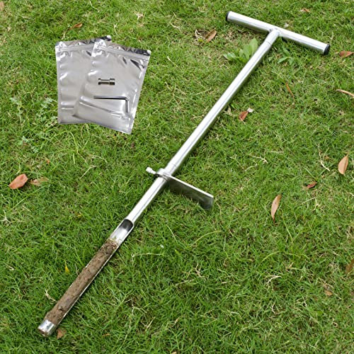 Soil Probe 35 Inch with 2 Bags, Straight Soil Sample Probe for Lawn House Plants, T-Handle Soil Sampler Probe Rod with Pedal, Stainless Steel Soil Test Kits Tool for Soil Sampling