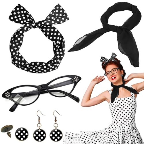 Accessori Anni 50 Donna, 7 Pezzi Vintage Neri Set di Accessori per Costumi Anni '50 '60, Sciarpa in Chiffon Fascia per Capelli a Pois Occhiali Orecchini per Feste di Compleanno Carnevale Halloween