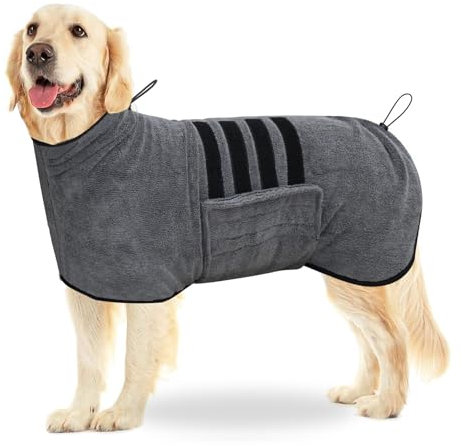 Idota Hundebademantel, Extra Saugfähig Hunde Bademantel Aus Mikrofaser, Verstellbarem Hundetrockenmantel Hundebademantel für Große Hunde zum Verwendet nach dem Baden Schwimmen Regen - Grau, XL