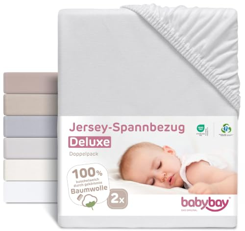 babybay Lot de 2 draps-Housses en Jersey Deluxe compatibles avec Les modèles Maxi, Midi, Boxspring, Comfort et Comfort Plus, Gris Tendre, 89 x 50 cm (Lot de 2)