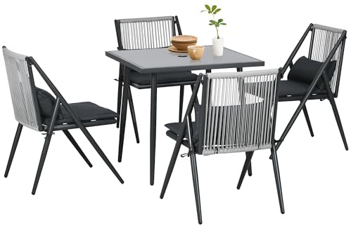 Outsunny Salotto da Giardino 5 Pezzi, Set Tavolo e Sedie da Giardino con 4 Sedie con Cuscini Lavabili e Tavolo da Pranzo Quadrato in Vetro con Foro per Ombrellone, in Alluminio, Grigio Scuro