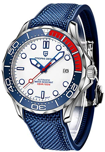 Pagani Design 1667 Reloj Automático de Buceo de Moda para Hombre Movimiento NH35 Bisel Giratorio de Cerámica Impermeable Caucho de Nylon Deporte de Negocios Reloj (Goma Blanca)