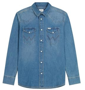 Wrangler Camisa de Ocio LS Western para Hombre, Dark Stone, L, Mid Light Wash, L