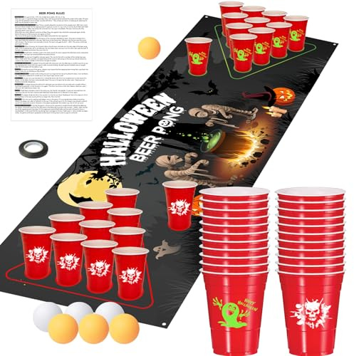 PopManko Halloween Beer Pong, Beer Pong Set Halloween Party Drinking Game for Adults, 16oz Plastic Spooky Ghost Skull Cups Pong Game for Halloween Party Activity (Black - Halloween)